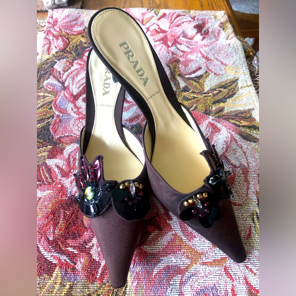 Prada Chocolate Silk Jeweled Mules NIB
